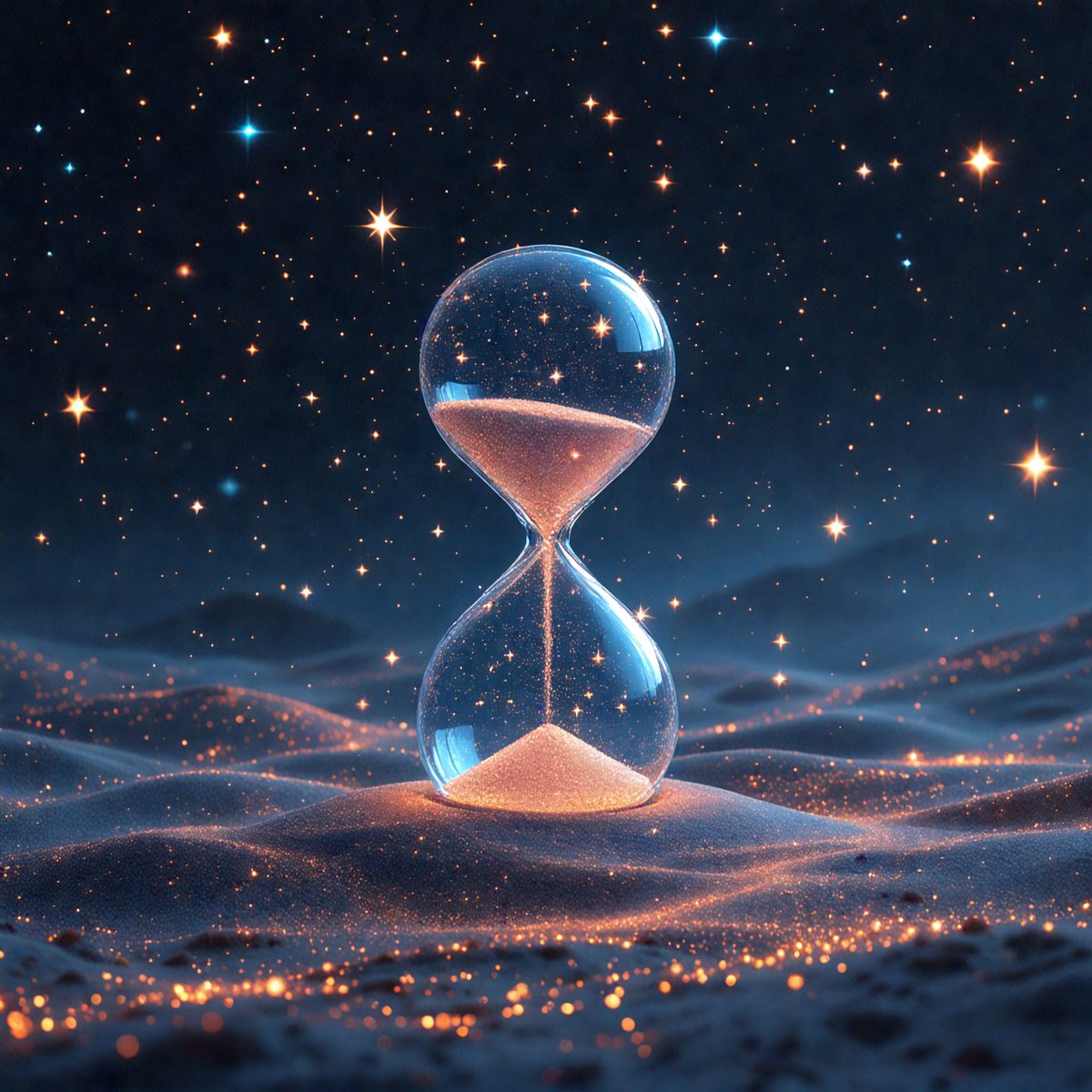 The primary subject of the image is a sand timer, which is a glass hourglass. The setting is a night sky, with the timer placed on a sandy surface. The visual style is a digital art, creating a unique and artistic representation of the hourglass. The colors and mood of the image are predominantly dark, with the hourglass and the night sky as the main focus.
